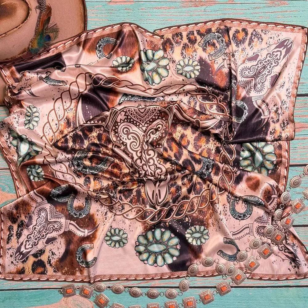 Longhorn & Leopard Wild Rag Scarf | Khaki & Turquoise | 36x36